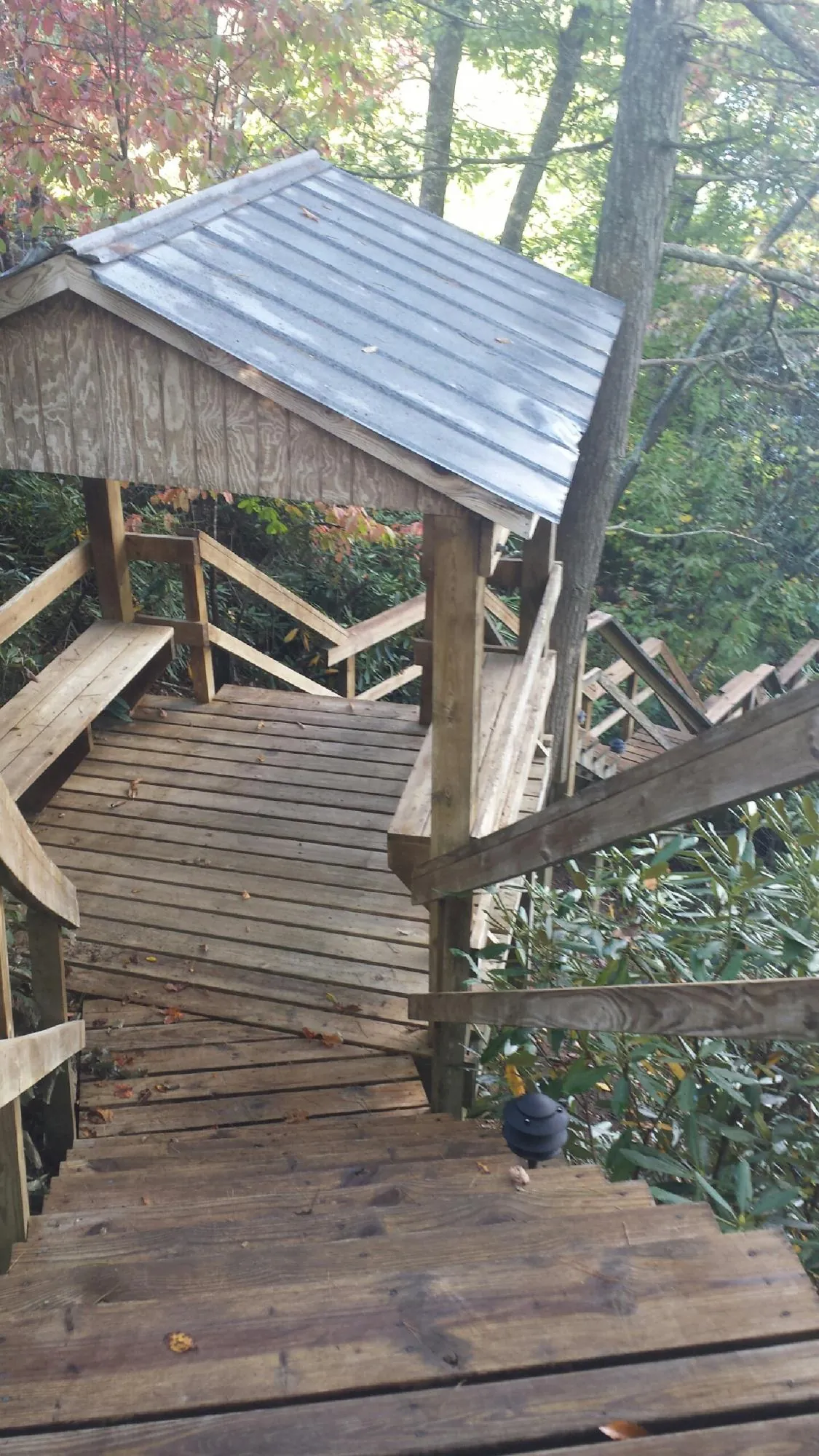 Metal roofed shelter over wooden steps on a wooded walkway — Skylight Repair & Installation work by our crew in Mc Gill